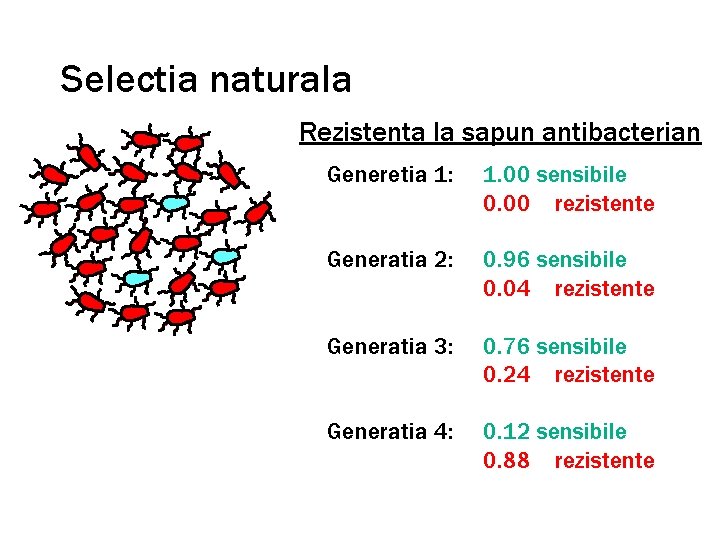 Selectia naturala Rezistenta la sapun antibacterian Generetia 1: 1. 00 sensibile 0. 00 rezistente
