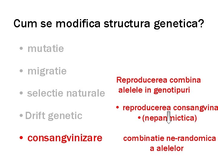 Cum se modifica structura genetica? • mutatie • migratie • selectie naturale • Drift