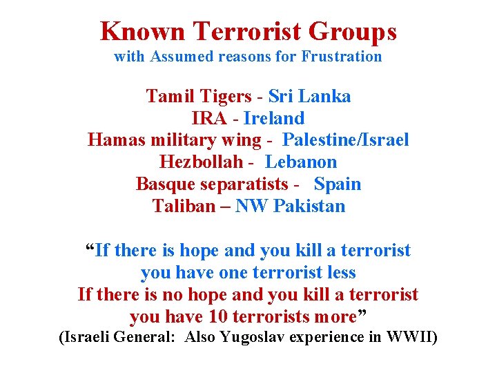 Known Terrorist Groups with Assumed reasons for Frustration Tamil Tigers - Sri Lanka IRA Known Terrorist Groups with Assumed reasons for Frustration Tamil Tigers - Sri Lanka IRA