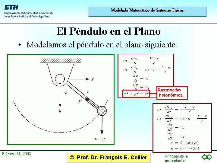 Modelado Matemático de Sistemas Físicos El Péndulo en el Plano • Modelamos el péndulo