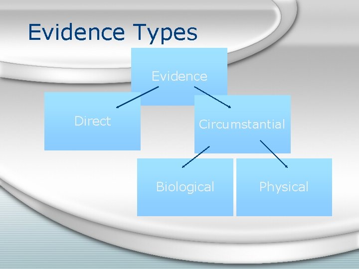Evidence Types Evidence Direct Circumstantial Biological Physical 