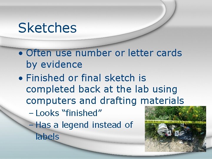 Sketches • Often use number or letter cards by evidence • Finished or final