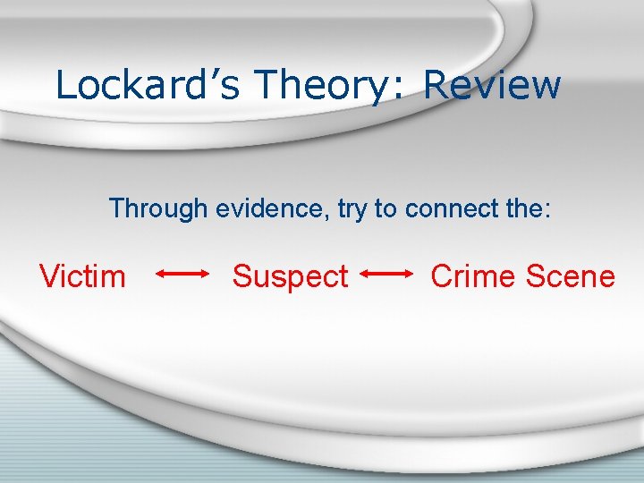 Lockard’s Theory: Review Through evidence, try to connect the: Victim Suspect Crime Scene 