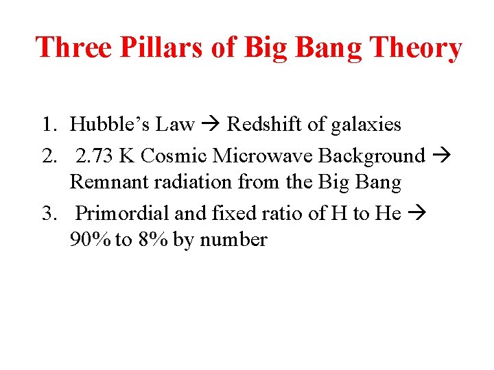 Three Pillars of Big Bang Theory 1. Hubble’s Law Redshift of galaxies 2. 2.