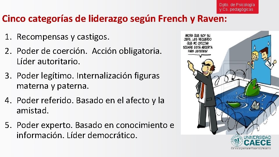 Dpto. de Psicología y Cs. pedagógicas Cinco categorías de liderazgo según French y Raven: