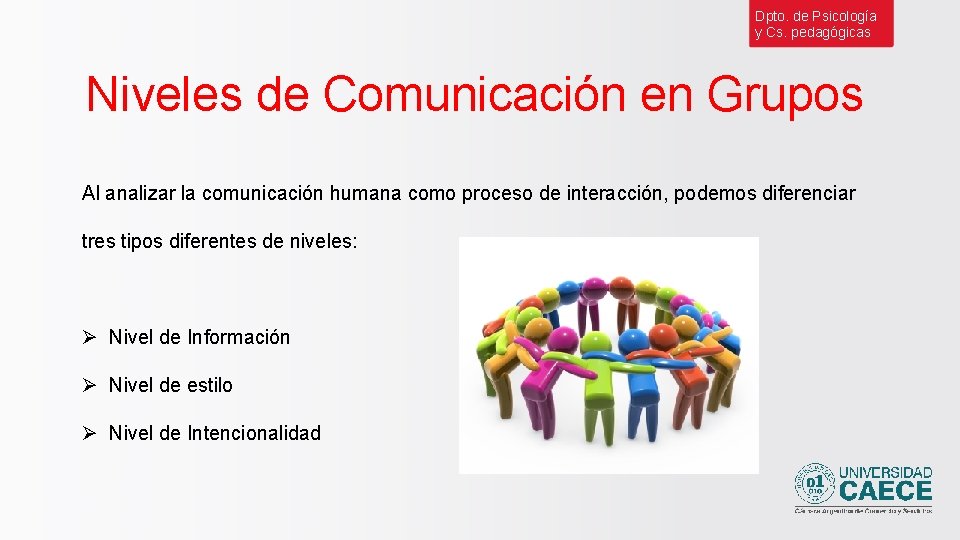 Dpto. de Psicología y Cs. pedagógicas Niveles de Comunicación en Grupos Al analizar la
