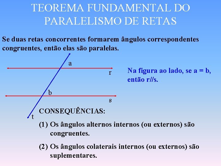 TEOREMA FUNDAMENTAL DO PARALELISMO DE RETAS Se duas retas concorrentes formarem ângulos correspondentes congruentes,