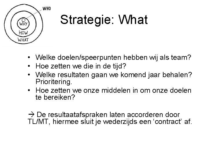 Strategie: What • Welke doelen/speerpunten hebben wij als team? • Hoe zetten we die