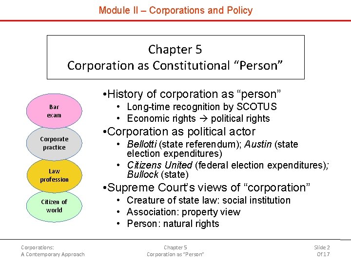 Module II – Corporations and Policy Chapter 5 Corporation as Constitutional “Person” • History Module II – Corporations and Policy Chapter 5 Corporation as Constitutional “Person” • History