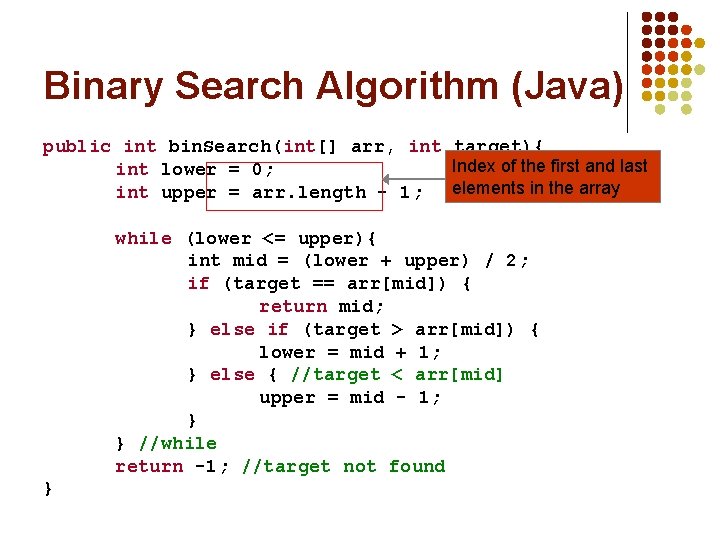Binary Search Algorithm (Java) public int bin. Search(int[] arr, int target){ Index of the