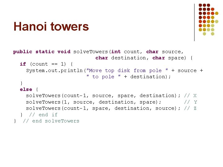 Hanoi towers public static void solve. Towers(int count, char source, char destination, char spare)