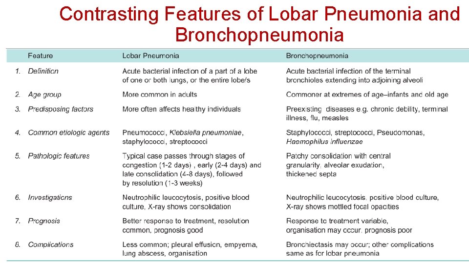 Contrasting Features of Lobar Pneumonia and Bronchopneumonia 