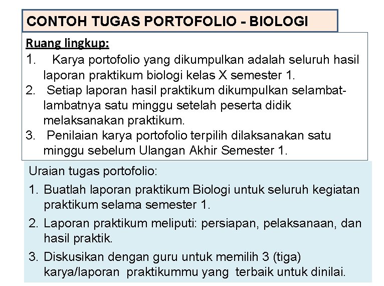 CONTOH TUGAS PORTOFOLIO - BIOLOGI Ruang lingkup: 1. Karya portofolio yang dikumpulkan adalah seluruh