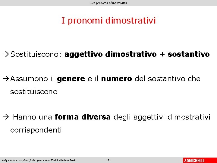 Les pronoms démonstratifs I pronomi dimostrativi Sostituiscono: aggettivo dimostrativo + sostantivo Assumono il genere