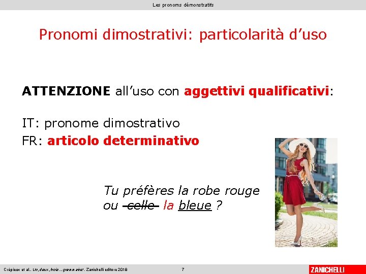 Les pronoms démonstratifs Pronomi dimostrativi: particolarità d’uso ATTENZIONE all’uso con aggettivi qualificativi: IT: pronome