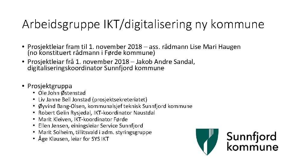 Arbeidsgruppe IKT/digitalisering ny kommune • Prosjektleiar fram til 1. november 2018 – ass. rådmann