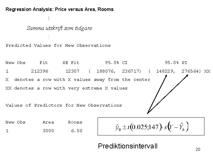 Regression Analysis: Price versus Area, Rooms Samma utskrift som tidgare Predicted Values for New