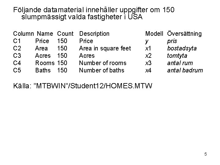 Följande datamaterial innehåller uppgifter om 150 slumpmässigt valda fastigheter i USA Column Name C