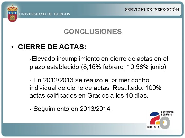 SERVICIO DE INSPECCIÓN CONCLUSIONES • CIERRE DE ACTAS: -Elevado incumplimiento en cierre de actas