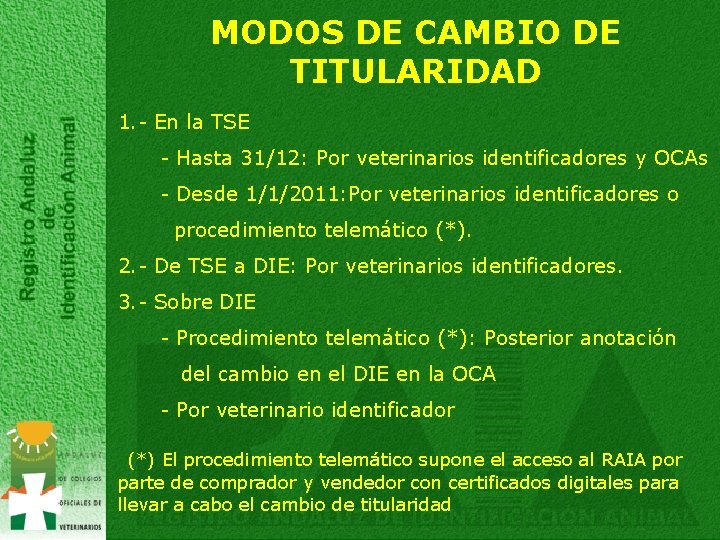 MODOS DE CAMBIO DE TITULARIDAD 1. - En la TSE - Hasta 31/12: Por