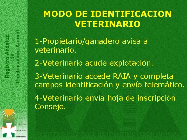 MODO DE IDENTIFICACION VETERINARIO 1 -Propietario/ganadero avisa a veterinario. 2 -Veterinario acude explotación. 3