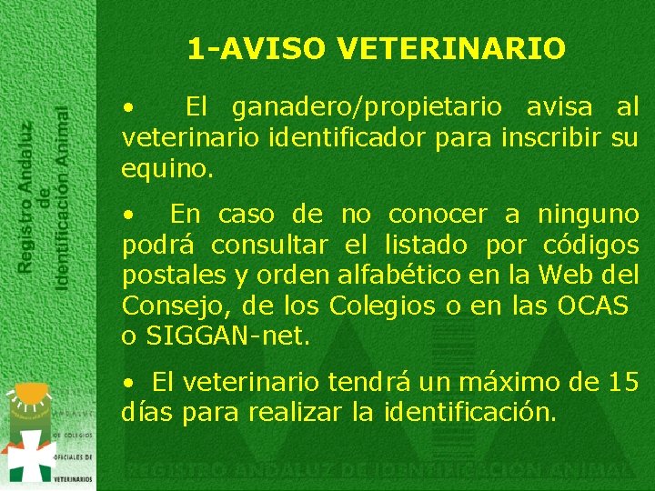 1 -AVISO VETERINARIO • El ganadero/propietario avisa al veterinario identificador para inscribir su equino.