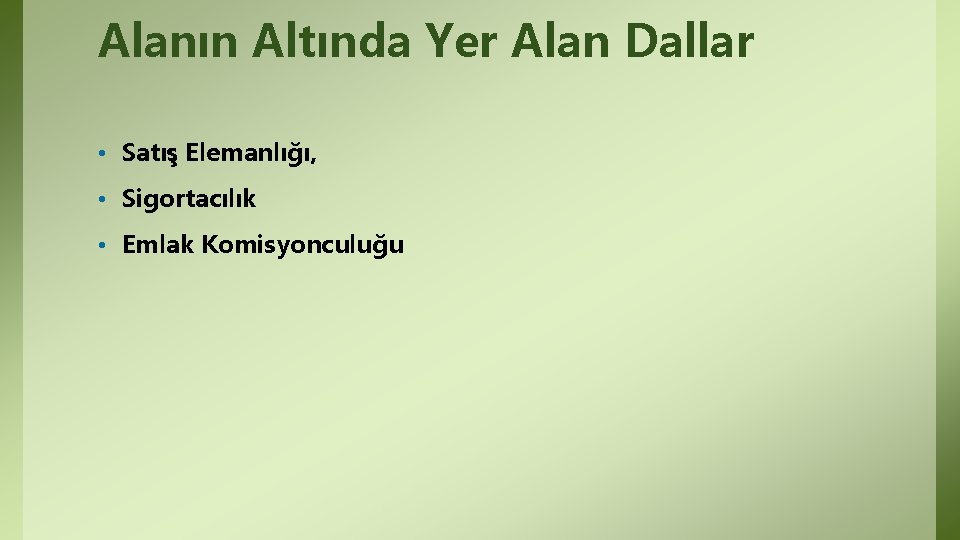 Alanın Altında Yer Alan Dallar • Satış Elemanlığı, • Sigortacılık • Emlak Komisyonculuğu Alanın Altında Yer Alan Dallar • Satış Elemanlığı, • Sigortacılık • Emlak Komisyonculuğu