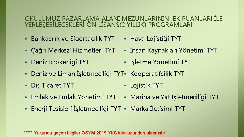 OKULUMUZ PAZARLAMA ALANI MEZUNLARININ EK PUANLARI İLE YERLEŞEBİLECEKLERİ ÖN LİSANS(2 YILLIK) PROGRAMLARI • Bankacılık OKULUMUZ PAZARLAMA ALANI MEZUNLARININ EK PUANLARI İLE YERLEŞEBİLECEKLERİ ÖN LİSANS(2 YILLIK) PROGRAMLARI • Bankacılık