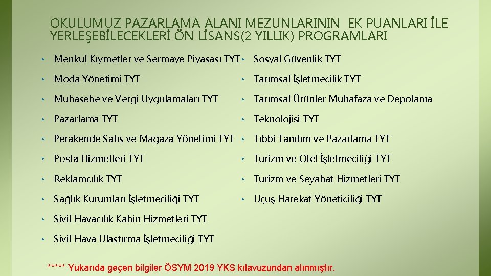 OKULUMUZ PAZARLAMA ALANI MEZUNLARININ EK PUANLARI İLE YERLEŞEBİLECEKLERİ ÖN LİSANS(2 YILLIK) PROGRAMLARI • Menkul OKULUMUZ PAZARLAMA ALANI MEZUNLARININ EK PUANLARI İLE YERLEŞEBİLECEKLERİ ÖN LİSANS(2 YILLIK) PROGRAMLARI • Menkul