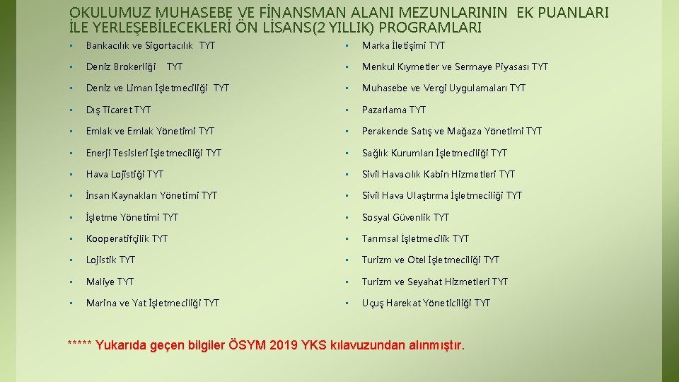 OKULUMUZ MUHASEBE VE FİNANSMAN ALANI MEZUNLARININ EK PUANLARI İLE YERLEŞEBİLECEKLERİ ÖN LİSANS(2 YILLIK) PROGRAMLARI OKULUMUZ MUHASEBE VE FİNANSMAN ALANI MEZUNLARININ EK PUANLARI İLE YERLEŞEBİLECEKLERİ ÖN LİSANS(2 YILLIK) PROGRAMLARI