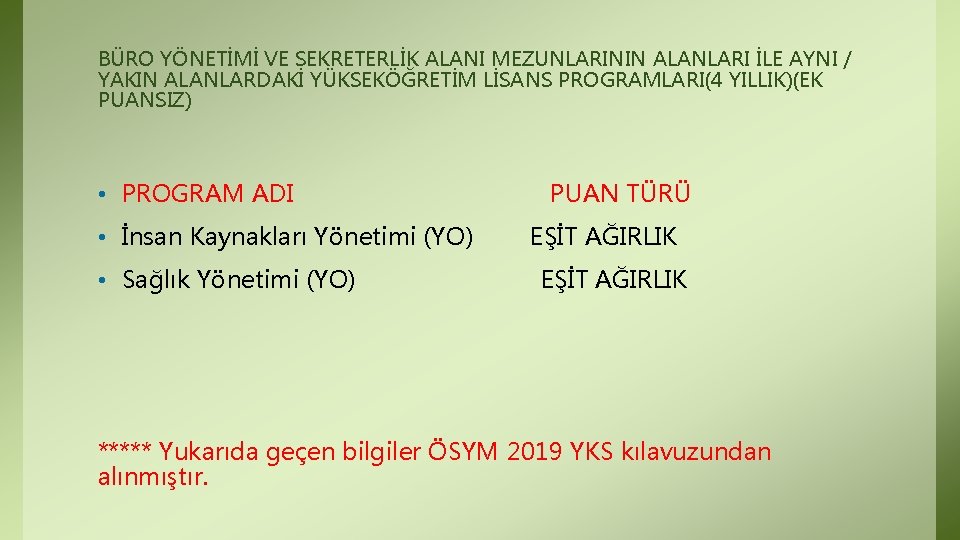 BÜRO YÖNETİMİ VE SEKRETERLİK ALANI MEZUNLARININ ALANLARI İLE AYNI / YAKIN ALANLARDAKİ YÜKSEKÖĞRETİM LİSANS BÜRO YÖNETİMİ VE SEKRETERLİK ALANI MEZUNLARININ ALANLARI İLE AYNI / YAKIN ALANLARDAKİ YÜKSEKÖĞRETİM LİSANS