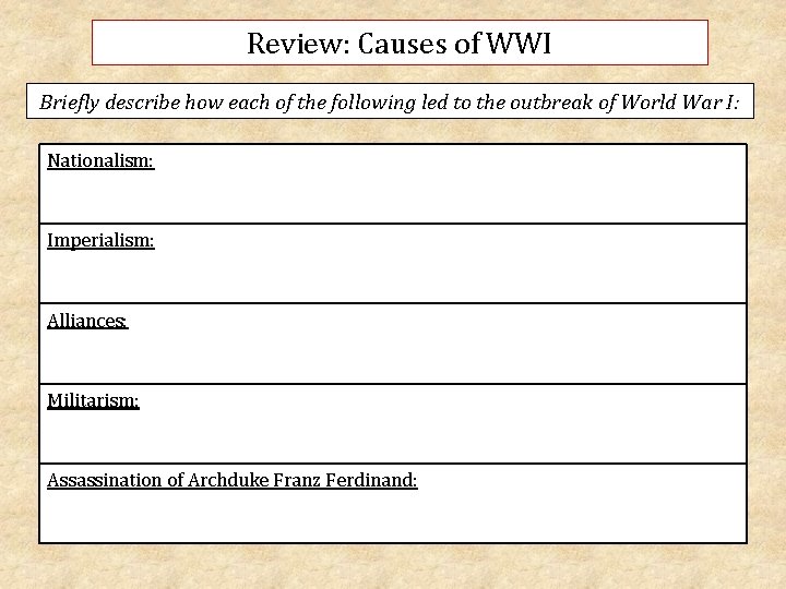 Review: Causes of WWI Briefly describe how each of the following led to the