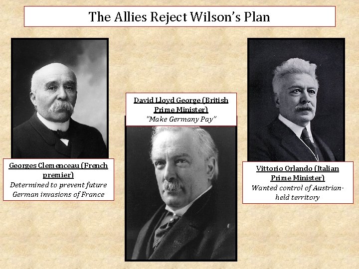 The Allies Reject Wilson’s Plan David Lloyd George (British Prime Minister) “Make Germany Pay”