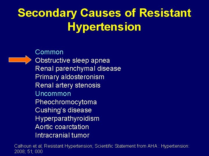 Secondary Causes of Resistant Hypertension Common Obstructive sleep apnea Renal parenchymal disease Primary aldosteronism