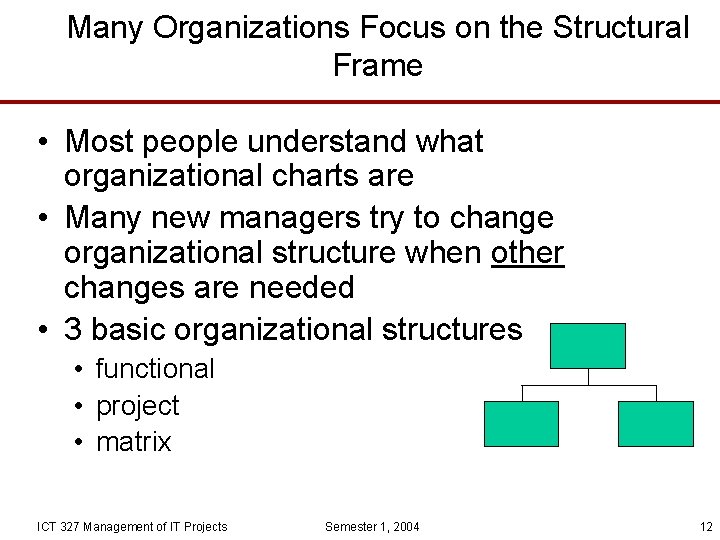 Many Organizations Focus on the Structural Frame • Most people understand what organizational charts