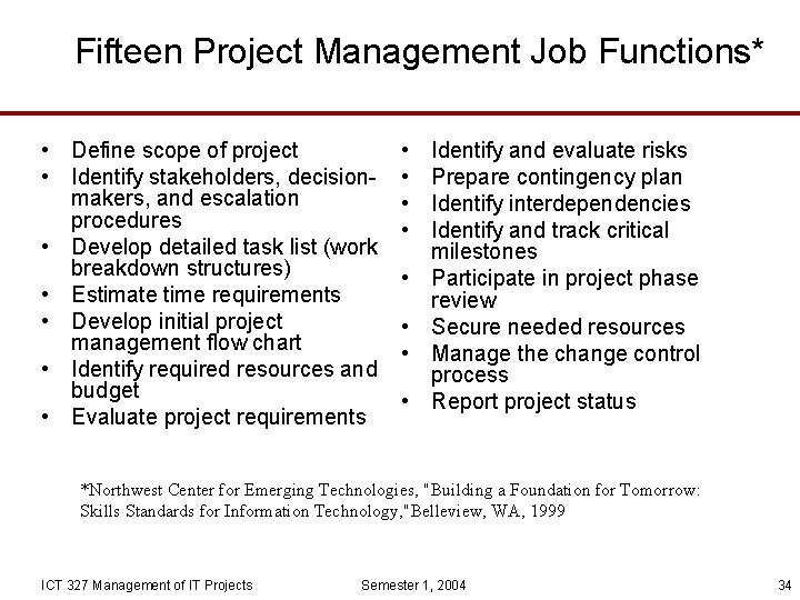 Fifteen Project Management Job Functions* • Define scope of project • Identify stakeholders, decisionmakers,