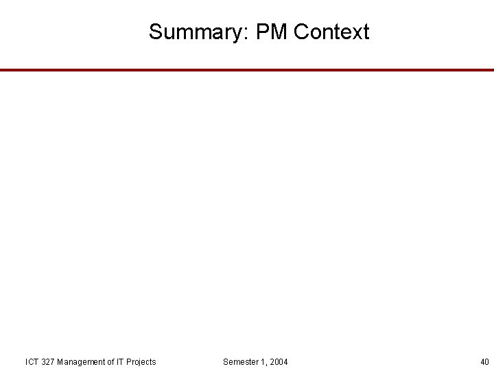 Summary: PM Context ICT 327 Management of IT Projects Semester 1, 2004 40 