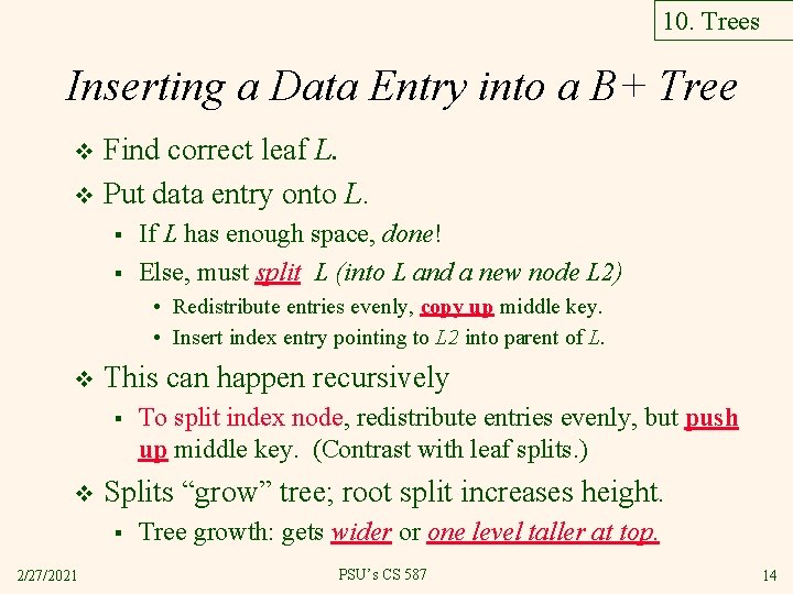 10. Trees Inserting a Data Entry into a B+ Tree Find correct leaf L.