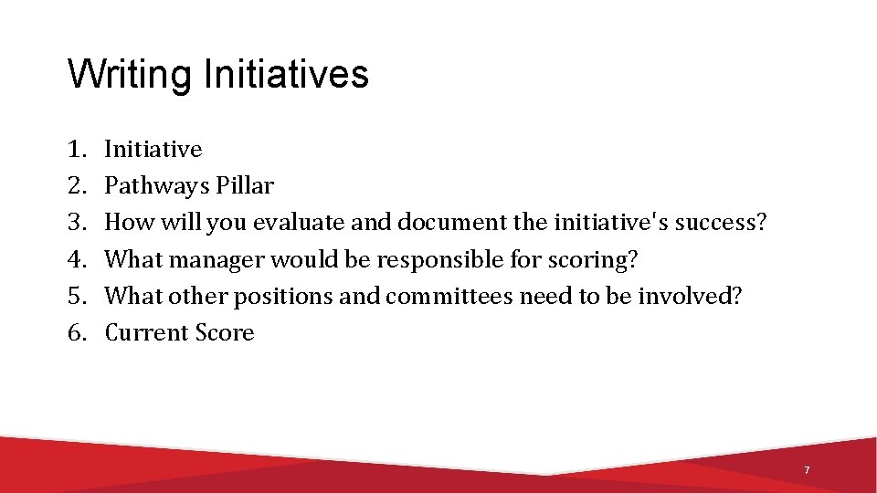 Writing Initiatives 1. 2. 3. 4. 5. 6. Initiative Pathways Pillar How will you