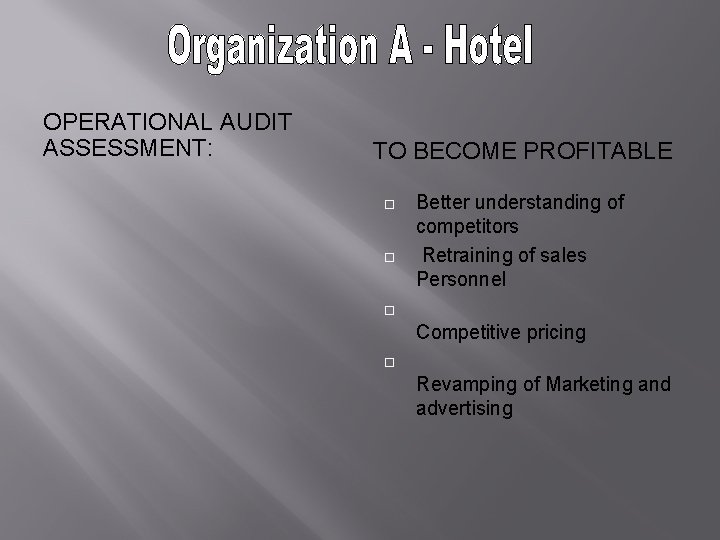 OPERATIONAL AUDIT ASSESSMENT: TO BECOME PROFITABLE Better understanding of competitors Retraining of sales Personnel OPERATIONAL AUDIT ASSESSMENT: TO BECOME PROFITABLE Better understanding of competitors Retraining of sales Personnel