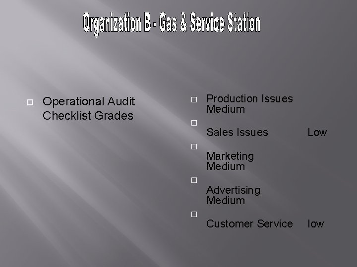 Operational Audit Checklist Grades � � � Production Issues Medium Sales Issues Low Operational Audit Checklist Grades � � � Production Issues Medium Sales Issues Low
