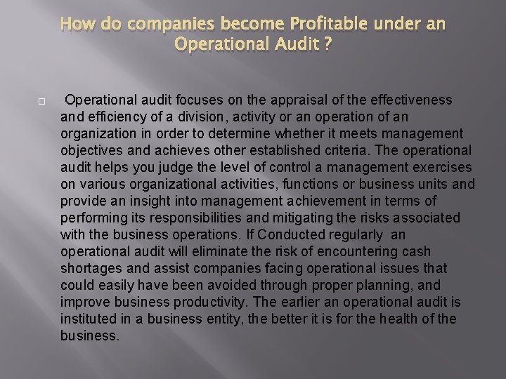 How do companies become Profitable under an Operational Audit ? Operational audit focuses on How do companies become Profitable under an Operational Audit ? Operational audit focuses on