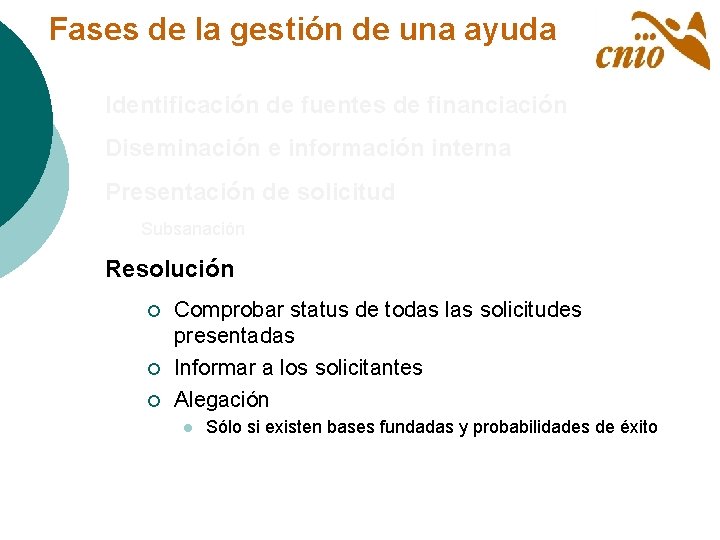 Fases de la gestión de una ayuda Identificación de fuentes de financiación Diseminación e