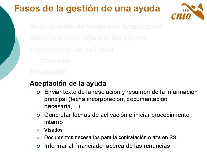 Fases de la gestión de una ayuda Identificación de fuentes de financiación Diseminación e