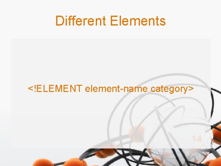 Different Elements <!ELEMENT element-name category> 14 