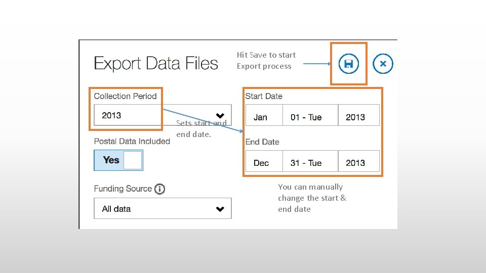 Hit Save to start Export process Sets start and end date. You can manually