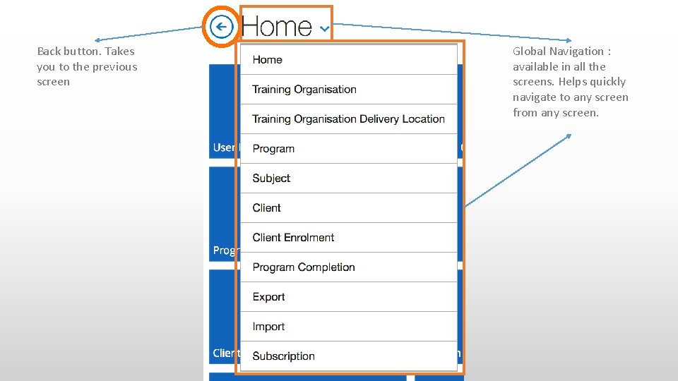 Back button. Takes you to the previous screen Global Navigation : available in all