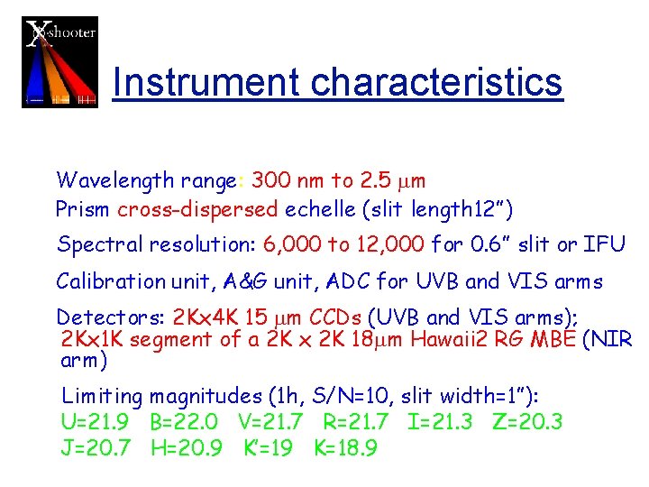 Instrument characteristics Wavelength range: 300 nm to 2. 5 mm Prism cross-dispersed echelle (slit Instrument characteristics Wavelength range: 300 nm to 2. 5 mm Prism cross-dispersed echelle (slit