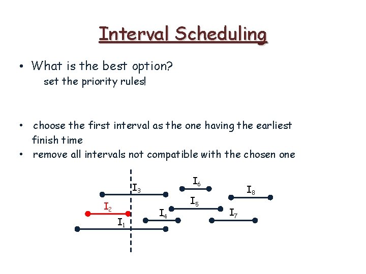 Interval Scheduling • What is the best option? set the priority rules! • choose