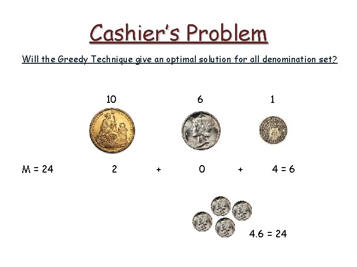 Cashier’s Problem Will the Greedy Technique give an optimal solution for all denomination set?